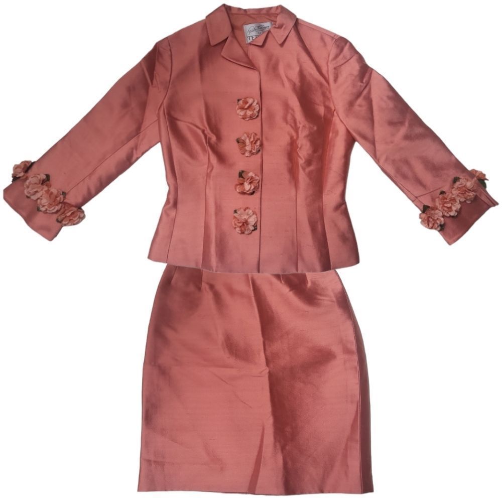 TERI JON Vintage Pink Floral 2-Piece Suit Blazer Skirt Size 2